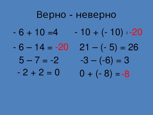 Верно - неверно - 10 + (- 10) =0 -20 - 6 + 10 =4 -20 - 6 – 14 = -8 21 – (- 5) = 26 5 – 7 = -2 -3 – (-6) = 3 - 2 + 2 = 0 0 + (- 8) = 0 -8