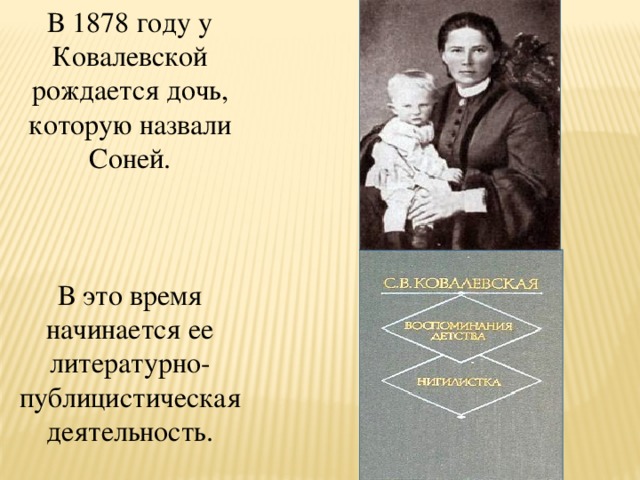 В 1878 году у Ковалевской рождается дочь, которую назвали Соней. В это время начинается ее литературно-публицистическая деятельность.