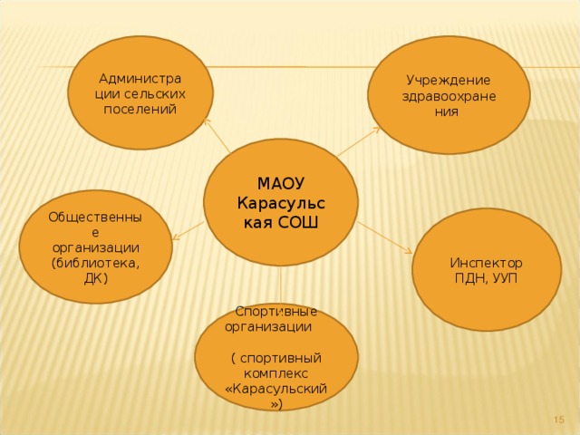 Администрации сельских поселений Учреждение здравоохранения МАОУ Карасульская СОШ Общественные организации (библиотека, ДК) Инспектор ПДН, УУП Спортивные организации ( спортивный комплекс «Карасульский»)