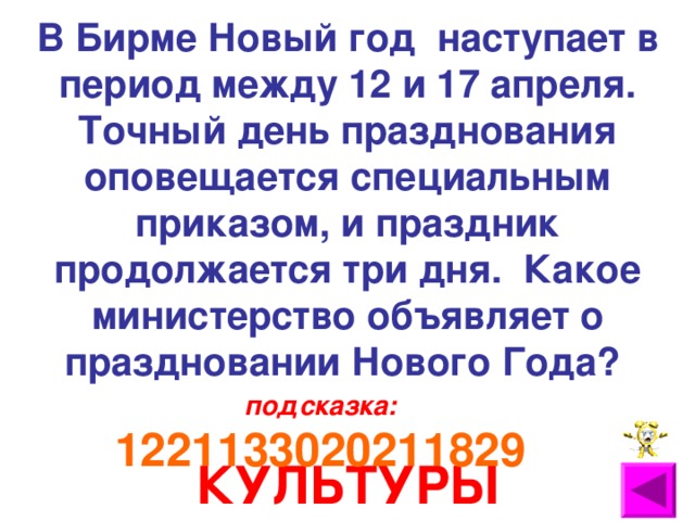 В Бирме Новый год  наступает в период между 12 и 17 апреля. Точный день празднования оповещается специальным приказом, и праздник продолжается три дня.  Какое министерство объявляет о праздновании Нового Года?  подсказка: 1221133020211829 КУЛЬТУРЫ