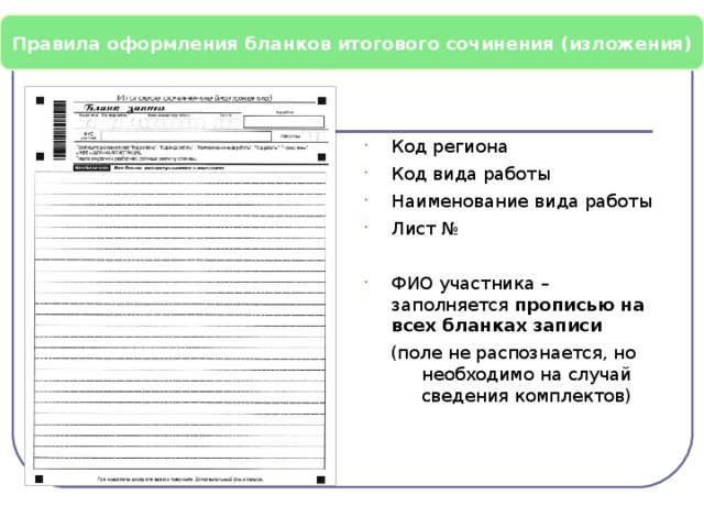 Правила оформления бланков итогового сочинения (изложения) Код региона Код вида работы Наименование вида работы Лист № ФИО участника – заполняется прописью на всех бланках записи (поле не распознается, но необходимо на случай сведения комплектов)