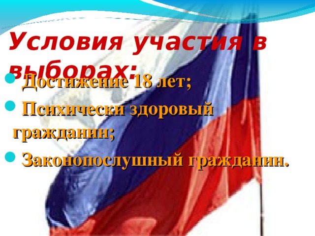 Условия участия в выборах: Достижение 18 лет; Психически здоровый гражданин; Законопослушный гражданин.