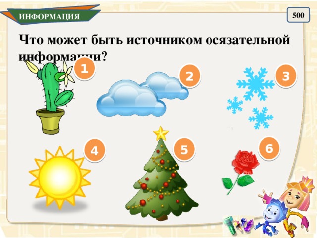 500 ИНФОРМАЦИЯ Что может быть источником осязательной информации? 1 2 3 6 5 4