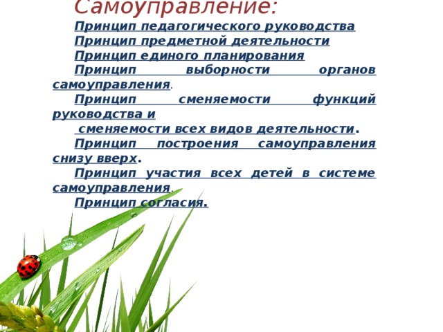 Самоуправление: Принцип педагогического руководства  Принцип предметной деятельности Принцип единого планирования Принцип выборности органов самоуправления . Принцип сменяемости функций руководства и  сменяемости всех видов деятельности . Принцип построения самоуправления снизу вверх . Принцип участия всех детей в системе самоуправления . Принцип согласия.