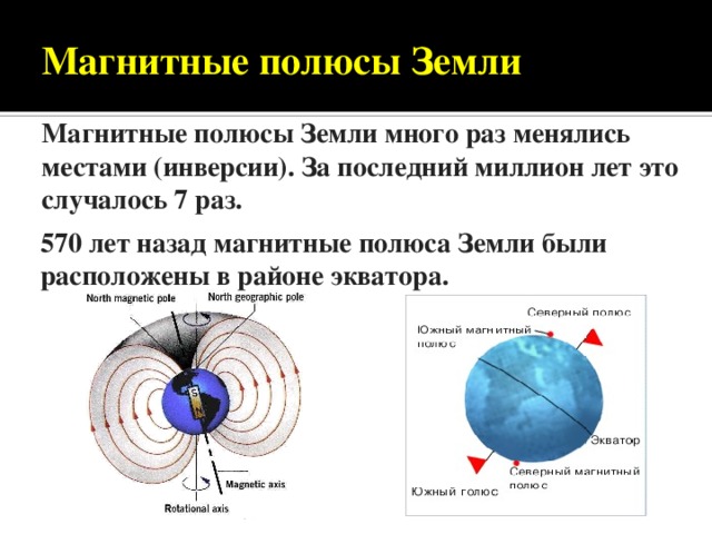 Магнитные полюсы Земли Магнитные полюсы Земли много раз менялись местами (инверсии). За последний миллион лет это случалось 7 раз. 570 лет назад магнитные полюса Земли были расположены в районе экватора.