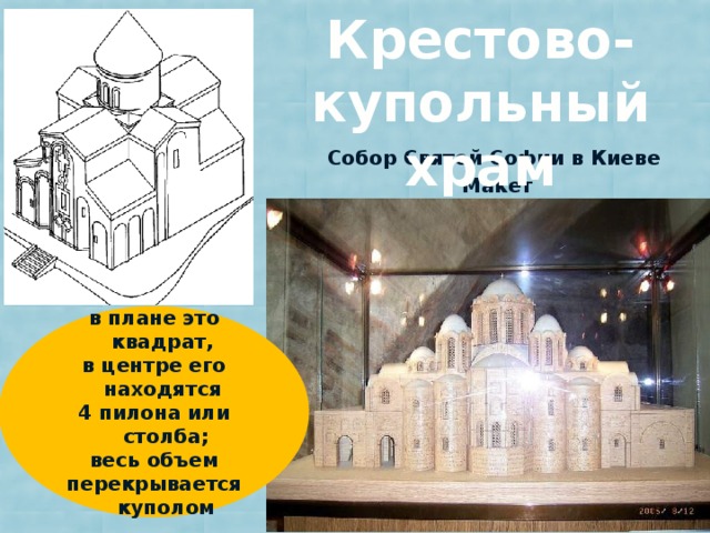 Крестово-купольный храм Собор Святой Софии в Киеве Макет в плане это квадрат, в центре его находятся 4 пилона или столба; весь объем перекрывается куполом