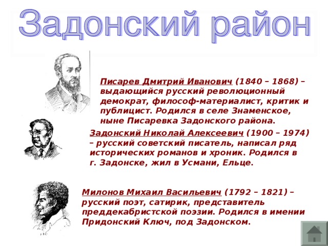 Писарев Дмитрий Иванович (1840 – 1868) – выдающийся русский революционный демократ, философ-материалист, критик и публицист. Родился в селе Знаменское, ныне Писаревка Задонского района. Задонский Николай Алексеевич (1900 – 1974) – русский советский писатель, написал ряд исторических романов и хроник. Родился в г. Задонске, жил в Усмани, Ельце. Милонов Михаил Васильевич (1792 – 1821) – русский поэт, сатирик, представитель преддекабристской поэзии. Родился в имении Придонский Ключ, под Задонском.