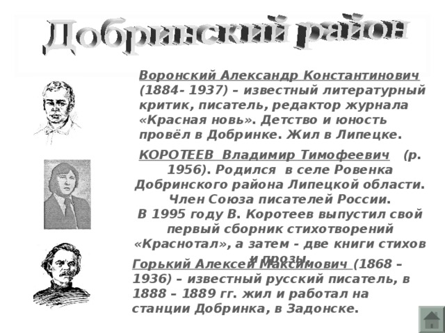 Воронский Александр Константинович (1884- 1937) – известный литературный критик, писатель, редактор журнала «Красная новь». Детство и юность провёл в Добринке. Жил в Липецке. КОРОТЕЕВ Владимир Тимофеевич (р. 1956). Родился в селе Ровенка Добринского района Липецкой области. Член Союза писателей России. В 1995 году В. Коротеев выпустил свой первый сборник стихотворений «Краснотал», а затем - две книги стихов и прозы. Горький Алексей Максимович (1868 – 1936) – известный русский писатель, в 1888 – 1889 гг. жил и работал на станции Добринка, в Задонске.