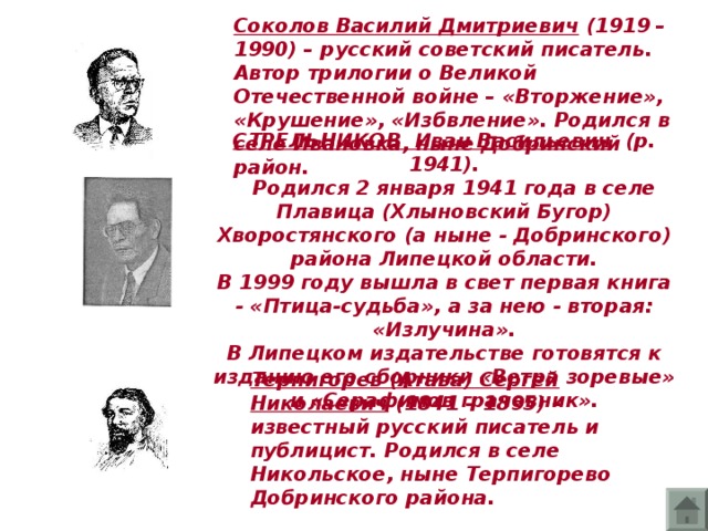 Соколов Василий Дмитриевич (1919 – 1990) – русский советский писатель. Автор трилогии о Великой Отечественной войне – «Вторжение», «Крушение», «Избвление». Родился в селе Ивановка, ныне Добринский район. СТРЕЛЬНИКОВ Иван Васильевич (р. 1941).  Родился 2 января 1941 года в селе Плавица (Хлыновский Бугор) Хворостянского (а ныне - Добринского) района Липецкой области. В 1999 году вышла в свет первая книга - «Птица-судьба», а за нею - вторая: «Излучина». В Липецком издательстве готовятся к изданию его сборники «Ветра зоревые» и «Серафимов грачевник». Терпигорев (Атава) Сергей Николаевич (1841 – 1895) – известный русский писатель и публицист. Родился в селе Никольское, ныне Терпигорево Добринского района.