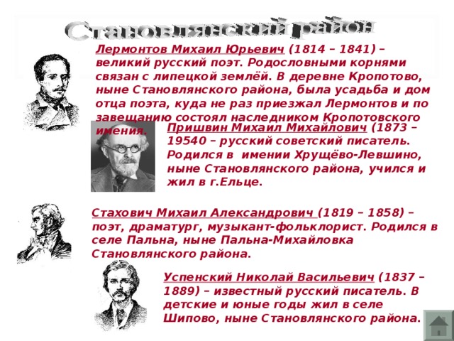 Лермонтов Михаил Юрьевич (1814 – 1841) – великий русский поэт. Родословными корнями связан с липецкой землёй. В деревне Кропотово, ныне Становлянского района, была усадьба и дом отца поэта, куда не раз приезжал Лермонтов и по завещанию состоял наследником Кропотовского имения. Пришвин Михаил Михайлович (1873 – 19540 – русский советский писатель. Родился в имении Хрущёво-Левшино, ныне Становлянского района, учился и жил в г.Ельце. Стахович Михаил Александрович (1819 – 1858) – поэт, драматург, музыкант-фольклорист. Родился в селе Пальна, ныне Пальна-Михайловка Становлянского района. Успенский Николай Васильевич (1837 – 1889) – известный русский писатель. В детские и юные годы жил в селе Шипово, ныне Становлянского района.