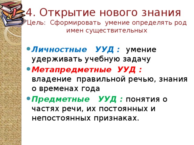 4. Открытие нового знания  Цель: Сформировать умение определять род имен существительных Личностные УУД :  умение удерживать учебную задачу Метапредметные  УУД :  владение правильной речью, знания о временах года Предметные  УУД : понятия о частях речи, их постоянных и непостоянных признаках.