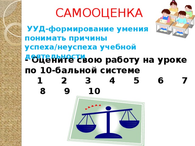 САМООЦЕНКА  УУД-формирование умения понимать причины успеха/неуспеха учебной деятельности - Оцените свою работу на уроке по 10-бальной системе  1 2 3 4 5 6 7 8 9 10