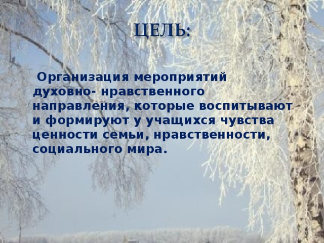 Организация мероприятий духовно- нравственного направления, которые воспитывают и формируют у учащихся чувства ценности семьи, нравственности, социального мира.