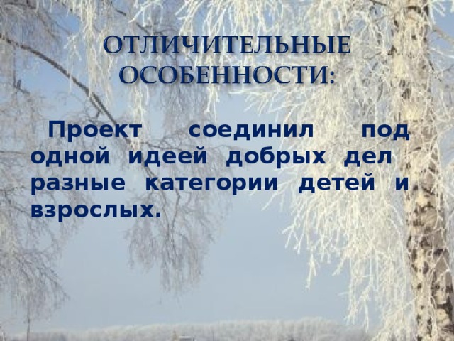 Проект соединил под одной идеей добрых дел разные категории детей и взрослых.