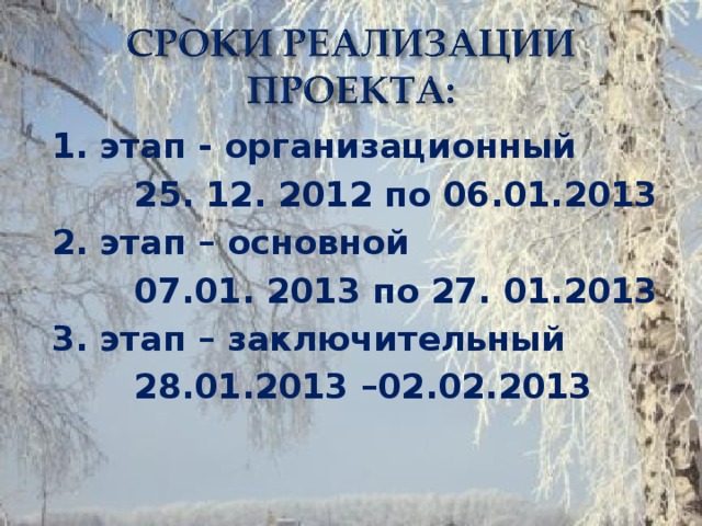 1. этап - организационный  25. 12. 2012 по 06.01.2013 2. этап – основной  07.01. 2013 по 27. 01.2013 3. этап – заключительный  28.01.2013 –02.02.2013