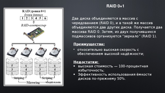 RAID 0+1 Два диска объединяются в массив с чередованием (RAID 0), и в такой же массив объединяются два других диска. Получается два массива RAID 0. Затем, из двух получившихся подмассивов организуется “зеркало” (RAID 1). Преимущества: относительно высокая скорость с обеспечением высокой надёжности; Недостатки: