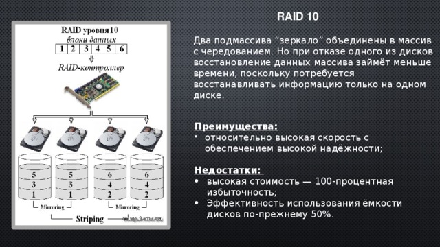 RAID 10 Два подмассива “зеркало” объединены в массив с чередованием. Но при отказе одного из дисков восстановление данных массива займёт меньше времени, поскольку потребуется восстанавливать информацию только на одном диске. Преимущества: относительно высокая скорость с обеспечением высокой надёжности; Недостатки: