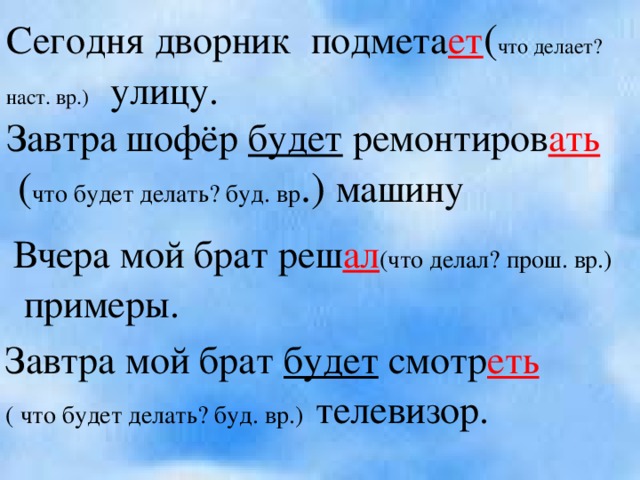 Сегодня дворник подмета ет ( что делает? наст. вр.)  улицу.  Завтра шофёр будет ремонтиров ать  ( что будет делать? буд. вр .) машину Вчера мой брат реш ал (что делал? прош. вр.)  примеры. Завтра мой брат будет смотр еть ( что будет делать? буд. вр.) телевизор.