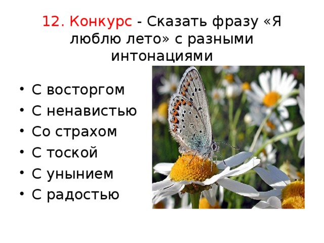 12. Конкурс - Сказать фразу «Я люблю лето» с разными интонациями