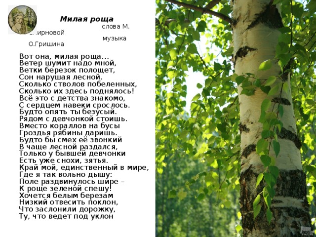 Среди берез текст. Стих вот она милая роща. Вот она милая роща текст. Песня милая роща текст песни.