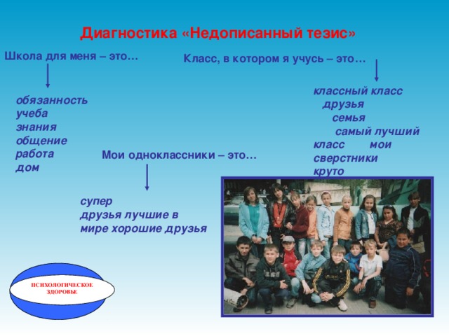 Диагностика «Недописанный тезис» Школа для меня – это… Класс, в котором я учусь – это… классный класс друзья семья самый лучший класс мои сверстники круто обязанность учеба знания общение работа дом Мои одноклассники – это… супер друзья лучшие в мире хорошие друзья ПСИХОЛОГИЧЕСКОЕ ЗДОРОВЬЕ