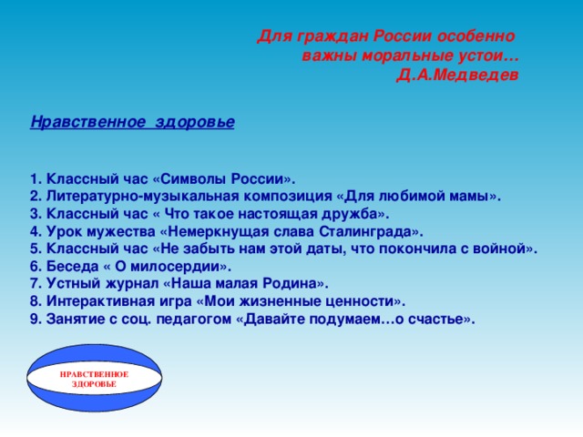 Для граждан России особенно  важны моральные устои…  Д.А.Медведев Нравственное здоровье   1. Классный час «Символы России». 2. Литературно-музыкальная композиция «Для любимой мамы». 3. Классный час « Что такое настоящая дружба». 4. Урок мужества «Немеркнущая слава Сталинграда». 5. Классный час «Не забыть нам этой даты, что покончила с войной». 6. Беседа « О милосердии». 7. Устный журнал «Наша малая Родина». 8. Интерактивная игра «Мои жизненные ценности». 9. Занятие с соц. педагогом «Давайте подумаем…о счастье». НРАВСТВЕННОЕ ЗДОРОВЬЕ