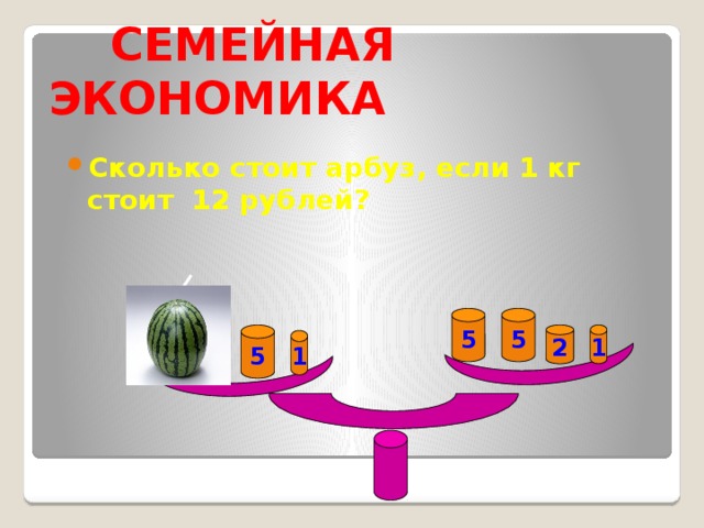 СЕМЕЙНАЯ ЭКОНОМИКА Сколько стоит арбуз, если 1 кг стоит 12 рублей? 5 5 1 2 5 1