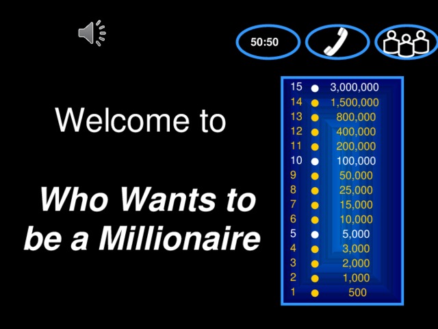 50:50 15 3,000,000 14 1,500,000 Welcome to    Who Wants to be a Millionaire 13  800,000 12  400,000 11  200,000 10  100,000 9  50,000 8  25,000 7  15,000 6  10,000 5  5,000 4  3,000 3  2,000 2  1,000 1  500