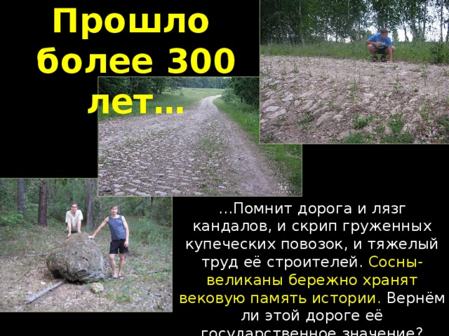 Прошло более 300 лет… … Помнит дорога и лязг кандалов, и скрип груженных купеческих повозок, и тяжелый труд её строителей. Сосны-великаны бережно хранят вековую память истории. Вернём ли этой дороге её государственное значение? Восстановим ли Екатерининский тракт.