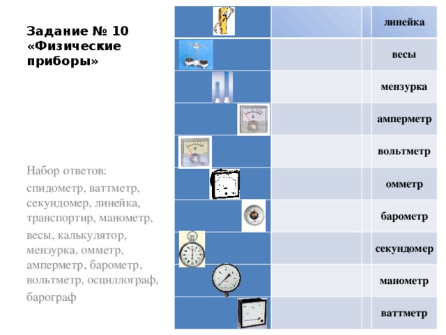         линейка     весы       мензурка амперметр         вольтметр     омметр барометр       секундомер   манометр   ваттметр Задание № 10 «Физические приборы» Набор ответов: спидометр, ваттметр, секундомер, линейка, транспортир, манометр, весы, калькулятор, мензурка, омметр, амперметр, барометр, вольтметр, осциллограф, барограф