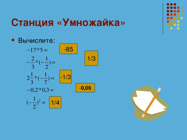 Станция «Умножайка» Вычислите: -85 1/3 -1/3 - 0,06 1/4