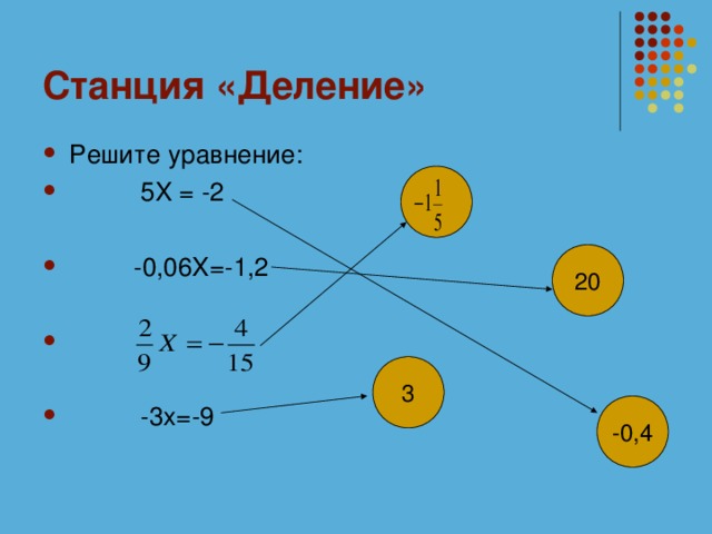 Станция «Деление» Решите уравнение:  5X = -2  -0,06X=-1,2   -3x=-9 20 3 -0,4