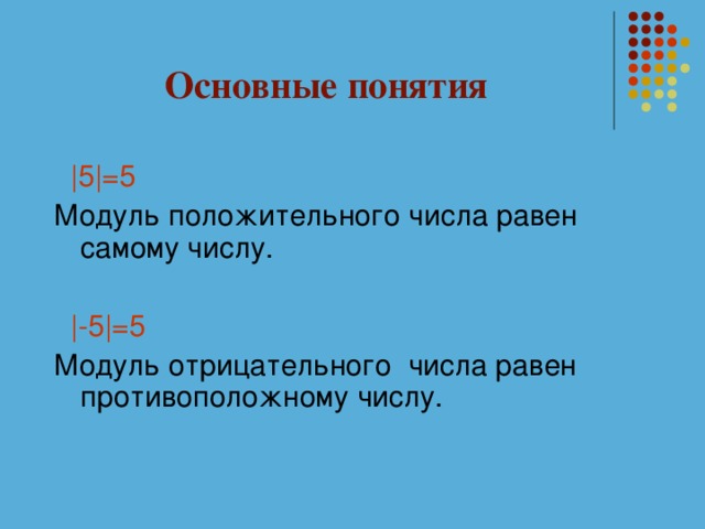 Основные понятия  |5|=5 Модуль положительного числа равен самому числу.  |-5|=5 Модуль отрицательного числа равен противоположному числу.