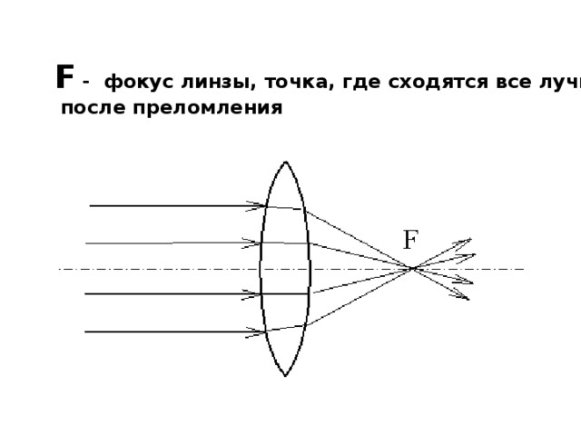 F - фокус линзы, точка, где сходятся все лучи  после преломления