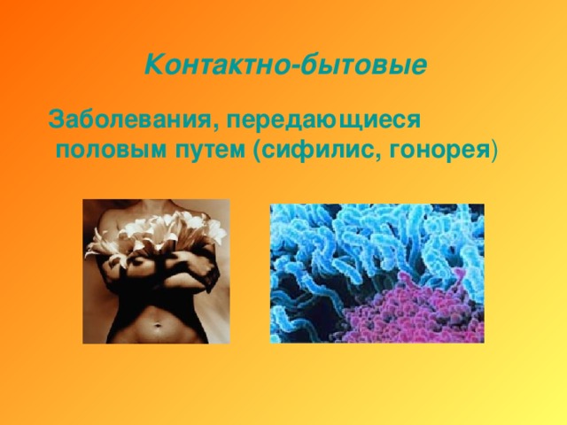 Контактно-бытовые  Заболевания, передающиеся половым путем (сифилис, гонорея )