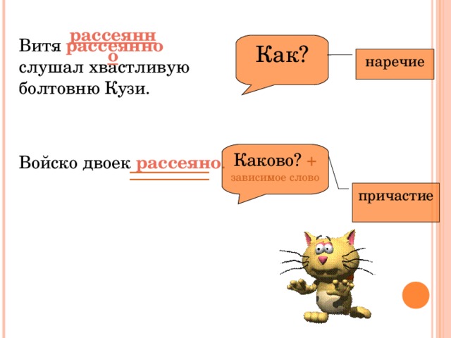 Витя рассеянно  слушал хвастливую болтовню Кузи. Войско двоек рассеяно . рассеянно Как? наречие Каково? + зависимое слово причастие