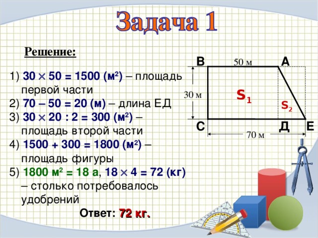 Решение: А В 50 м 1)  30  50 = 1500 (м 2 ) – площадь первой части 2) 70 – 50 = 20 (м) – длина ЕД 3) 30  20 : 2 = 300 (м 2 ) – площадь второй части 4) 1500 + 300 = 1800 ( м 2 ) – площадь фигуры 5) 1800 м 2 = 18 а , 18  4 = 72 (кг) – столько потребовалось удобрений S 1 30 м S 2 Е Д С 70 м Ответ:  72 кг.
