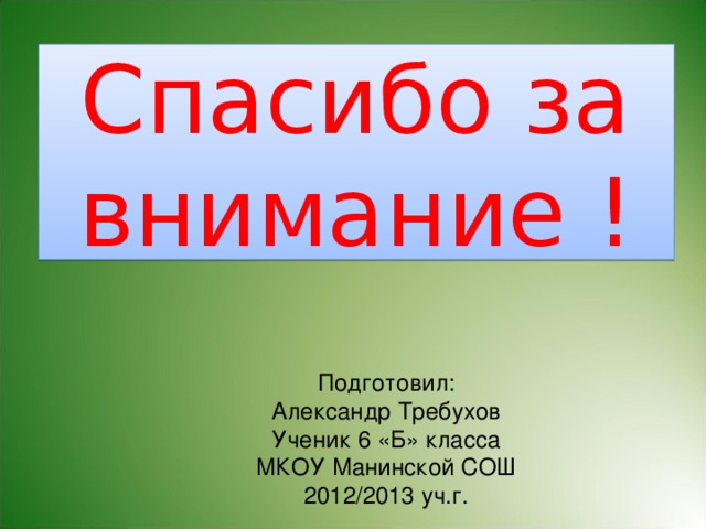 Спасибо за внимание ! Подготовил: Александр Требухов Ученик 6 «Б» класса МКОУ Манинской СОШ 2012/2013 уч.г.