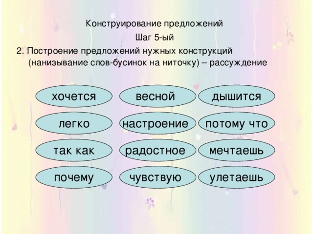 Конструирование предложений Шаг 5-ый 2. Построение предложений нужных конструкций (нанизывание слов-бусинок на ниточку) – рассуждение хочется весной легко так как настроение дышится радостное почему потому что чувствую мечтаешь улетаешь