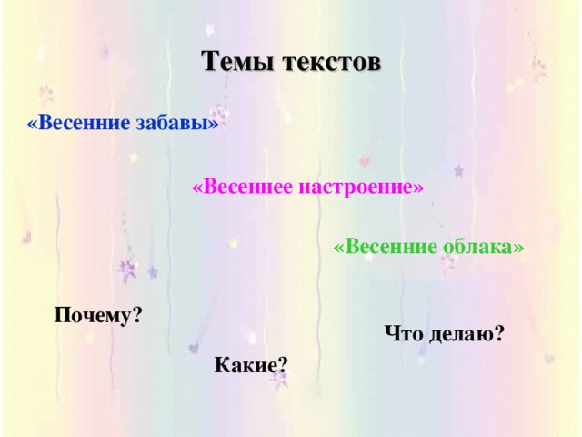 Темы текстов  «Весенние забавы» «Весеннее настроение» «Весенние облака» Почему? Что делаю? Какие?