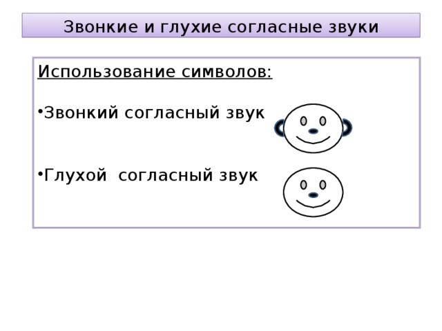 Звонкие и глухие согласные звуки   Использование символов: