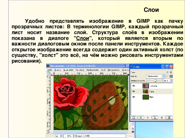 Слои  Удобно представлять изображение в GIMP как пачку прозрачных листов: В терминологии GIMP, каждый прозрачный лист носит название слой. Структура слоёв в изображении показана в диалоге 