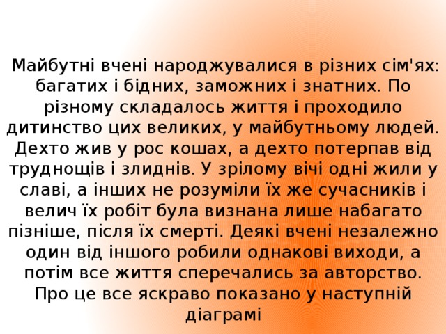 Майбутні вчені народжувалися в різних сім'ях: багатих і бідних, заможних і знатних. По різному складалось життя і проходило дитинство цих великих, у майбутньому людей. Дехто жив у рос кошах, а дехто потерпав від труднощів і злиднів. У зрілому вічі одні жили у славі, а інших не розуміли їх же сучасників і велич їх робіт була визнана лише набагато пізніше, після їх смерті. Деякі вчені незалежно один від іншого робили однакові виходи, а потім все життя сперечались за авторство. Про це все яскраво показано у наступній діаграмі