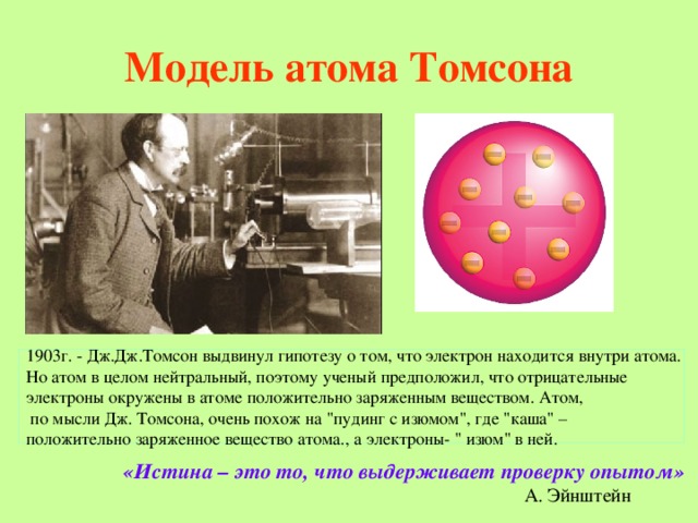 Модель атома Томсона 1903г. - Дж.Дж.Томсон выдвинул гипотезу о том, что электрон находится внутри атома.  Но атом в целом нейтральный, поэтому ученый предположил, что отрицательные электроны окружены в атоме положительно заряженным веществом. Атом,  по мысли Дж. Томсона, очень похож на 