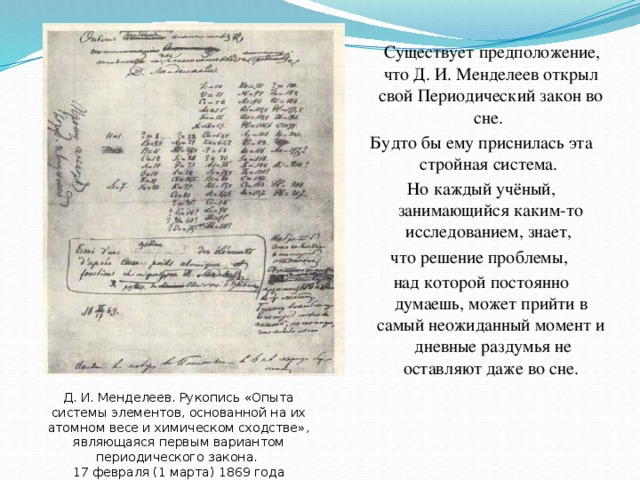 Существует предположение, что Д. И. Менделеев открыл свой Периодический закон во сне. Будто бы ему приснилась эта стройная система. Но каждый учёный, занимающийся каким-то исследованием, знает, что решение проблемы, над которой постоянно думаешь, может прийти в самый неожиданный момент и дневные раздумья не оставляют даже во сне. Д. И. Менделеев. Рукопись «Опыта системы элементов, основанной на их атомном весе и химическом сходстве», являющаяся первым вариантом периодического закона. 17 февраля (1 марта) 1869 года