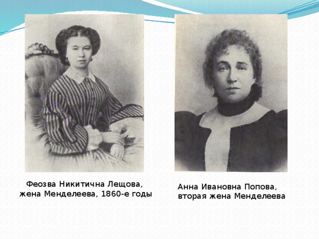 Феозва Никитична Лещова,  жена Менделеева, 1860-е годы Анна Ивановна Попова, вторая жена Менделеева