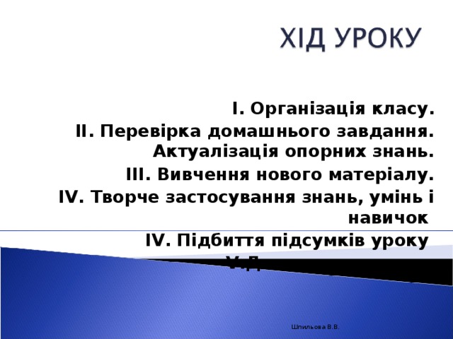 І. Організація класу. ІІ. Перевірка домашнього завдання. Актуалізація опорних знань. ІІІ. Вивчення нового матеріалу. І V . Творче застосування знань, умінь і навичок І V . Підбиття підсумків уроку V .Домашнє завдання  Шпильова В.В.