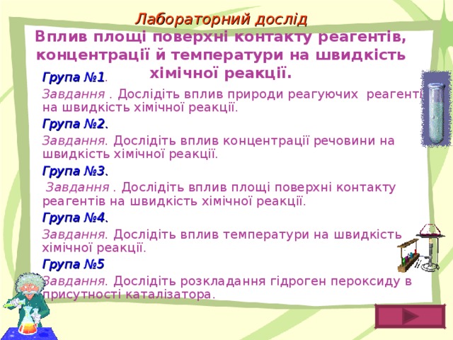 Лабораторний дослід  Вплив площі поверхні контакту реагентів, концентрації й температури на швидкість хімічної реакції. Група №1 . Завдання . Дослідіть вплив природи реагуючих реагентів на швидкість хімічної реакції. Група №2. Завдання. Дослідіть вплив концентрації речовини на швидкість хімічної реакції. Група №3.  Завдання . Дослідіть вплив площі поверхні контакту реагентів на швидкість хімічної реакції. Група №4. Завдання. Дослідіть вплив температури на швидкість хімічної реакції. Група №5 Завдання. Дослідіть  розкладання гідроген пероксиду в присутності каталізатора.