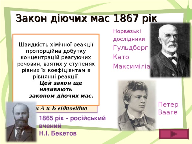 Закон діючих мас 1867 рік Норвезькі дослідники Гульдберг Като Максиміліан Математична залежність швидкості від концентрації для реакції : А + Б = АБ має вигляд: v = k[А][Б]  Де  V –швидкість реакции; K – константа швидкості; [А] и [Б] – концентрації речовин А и Б відповідно Швидкість хімічної реакції пропорційна добутку концентрацій реагуючих речовин, взятих у ступенях рівних їх коефіцієнтам в рівнянні реакції.        Цей закон ще називають        законом діючих мас. Петер Вааге 1865 рік - російський вчений  Н.І. Бекетов