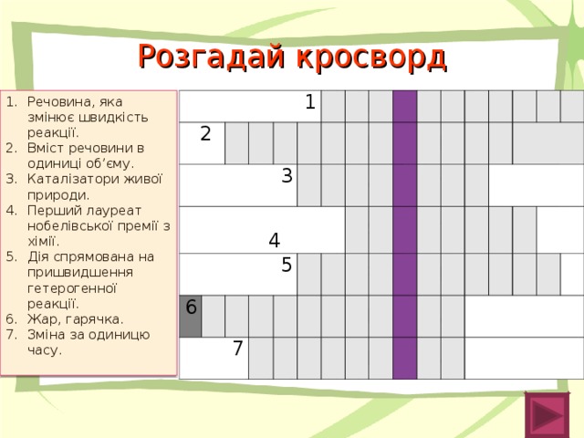 Розгадай кросворд Речовина, яка змінює швидкість реакції. Вміст речовини в одиниці об’єму. Каталізатори живої природи. Перший лауреат нобелівської премії з хімії. Дія спрямована на пришвидшення гетерогенної реакції. Жар, гарячка. Зміна за одиницю часу. 1 1   2   2 3 3  4 К  4 О 5 5 6 6 Н 7 Ц Т 7 К Е Е А Ф Н Т М Е Ш П П Р Т А Е О В М Р В Л И Е Д Р А І А А Н Д Р З Ц Н К І Т Т А І Т І У Т И Я Г Б С Р О Н О А Ф Е Р Т Ь Н Ф Н Я    